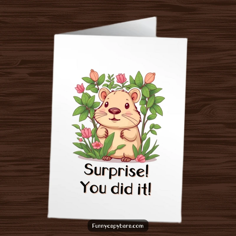 Funny Free Printable Congrats Card: A curious capybara peeks from lush foliage, observing their success with intrigue.