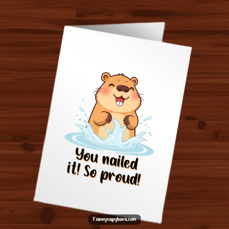 Funny Free Printable Congrats Card: Capybara joyfully splashing water, celebrating success, ideal for downloadable cheer.