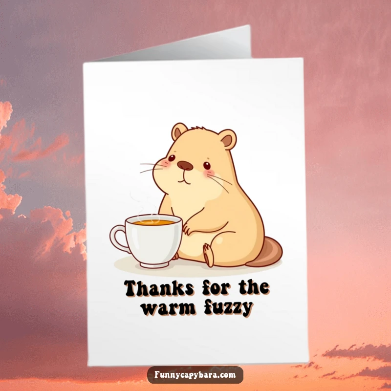 Funny Free Printable Thank You Card: A capybara sits peacefully with a cup of tea, offering a warm thank you.