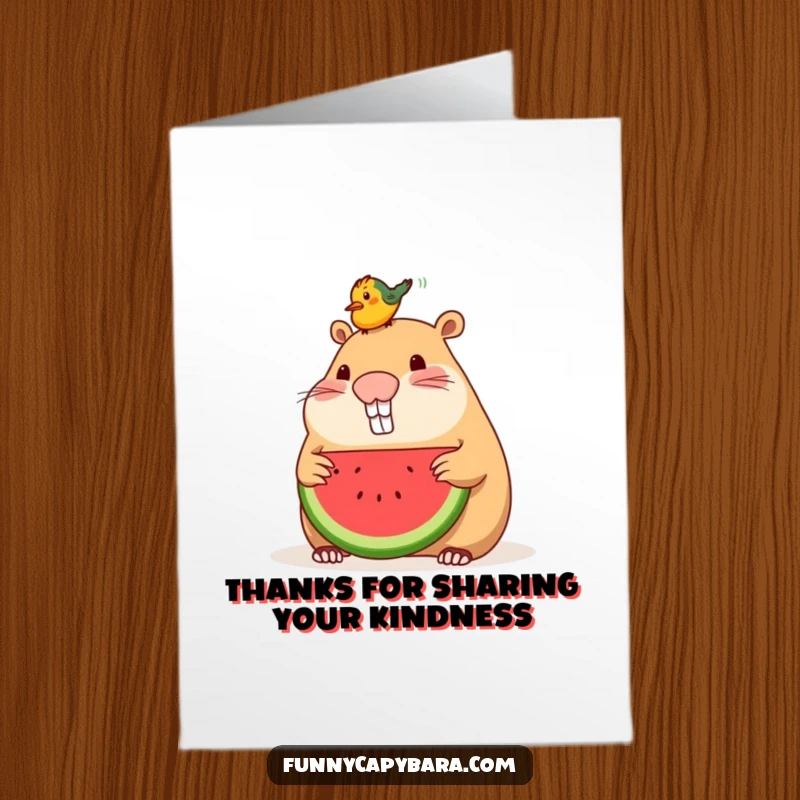 Funny Free Printable Thank You Card: Capybara offers a slice of watermelon to a bird on its head, a gesture of kindness.