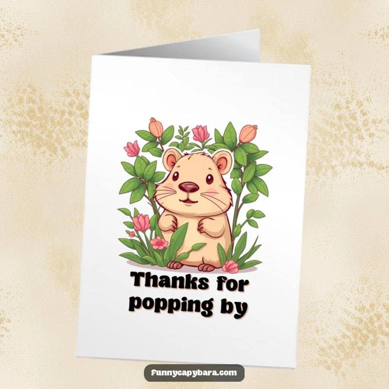 Funny Free Printable Thank You Card: A curious capybara peeks from behind green leaves, sending a thoughtful thank you.