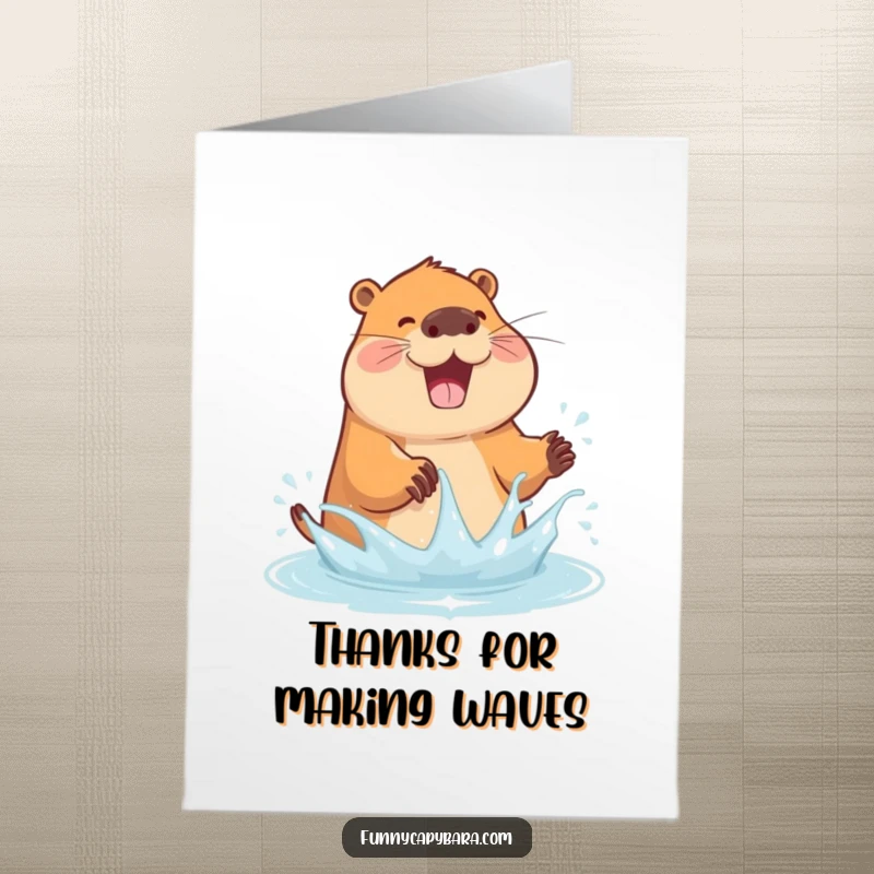 Funny Free Printable Thank You Card: A joyful capybara splashes water, expressing sincere thanks with a smile.