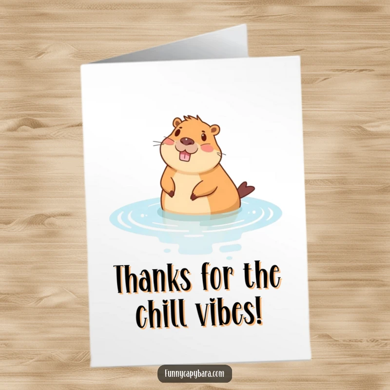 Funny Free Printable Thank You Card: A cheerful capybara floating peacefully on its back in stylized water, offering relaxed thanks.