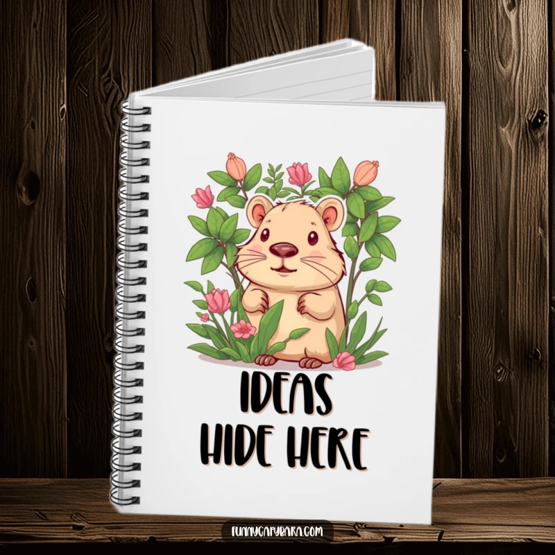 Funny notebook with a curious capybara peeking from lush green foliage, perfect for note-taking.