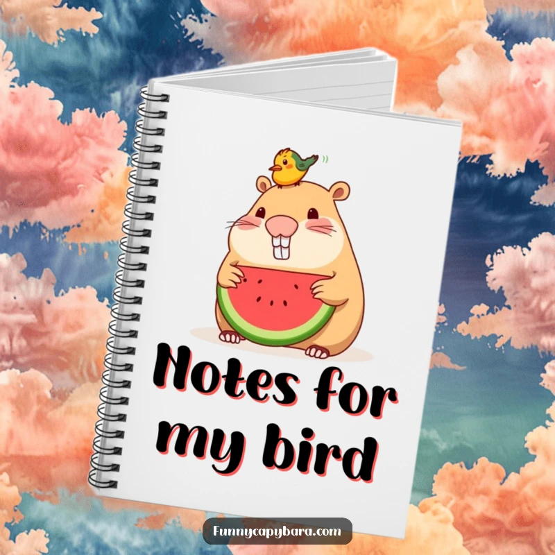Funny notebook featuring a capybara sharing watermelon with a small bird on its head, for note-taking.