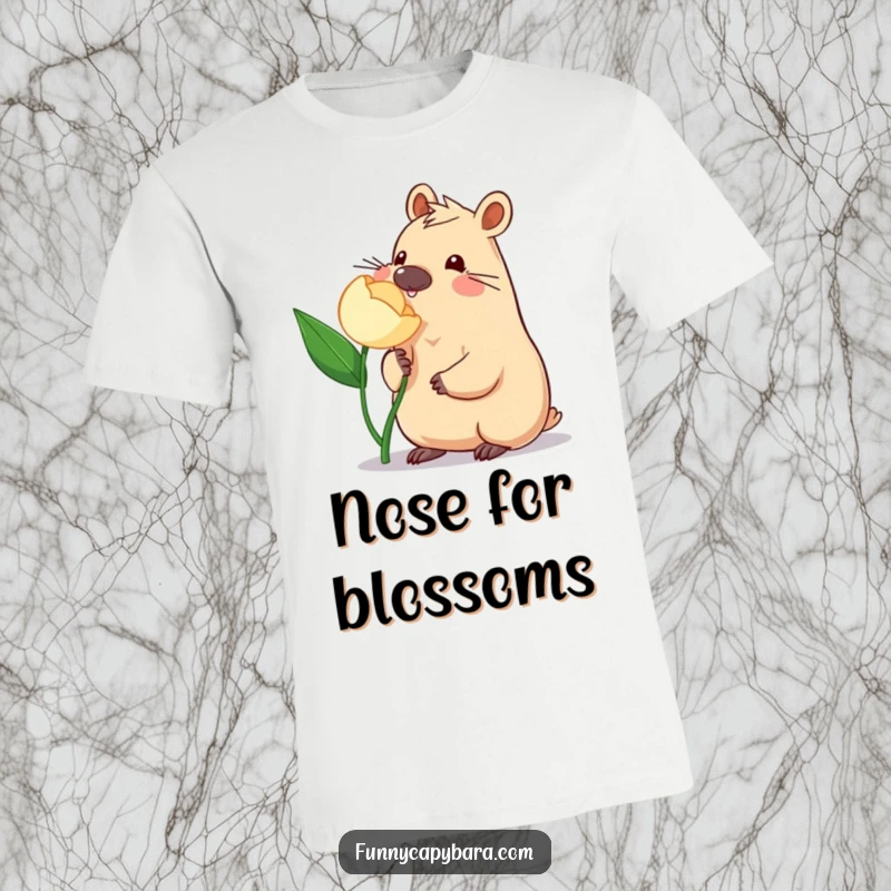 Funny Capybara Flower T-Shirt: Adorable capybara gently nudging a stylized flower with its nose, a sweet and playful design.
