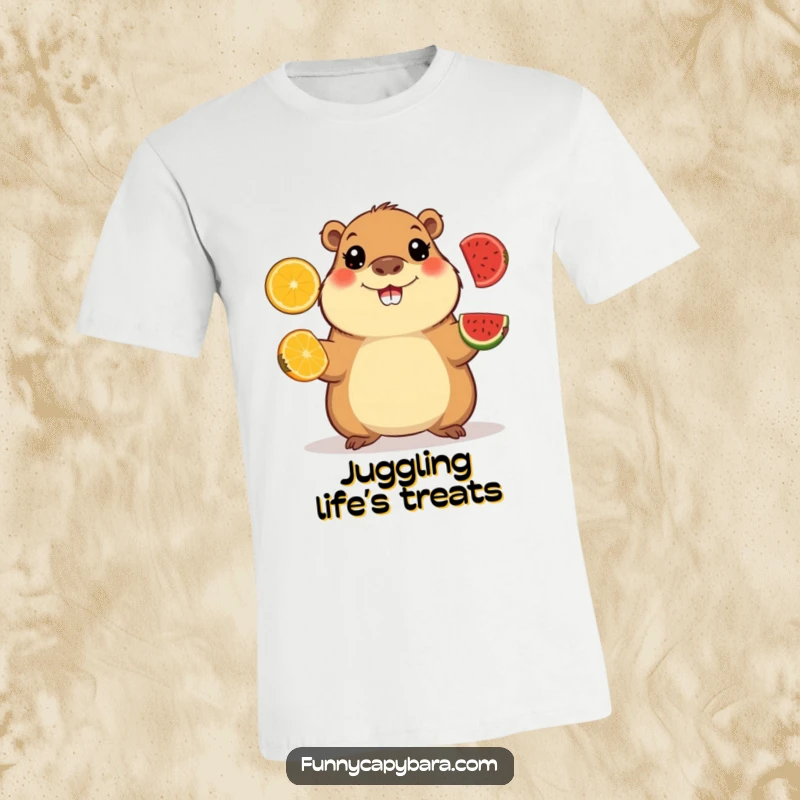 Funny t-shirt featuring a happy capybara with wide eyes expertly juggling colorful fruit slices, a design full of playful energy.