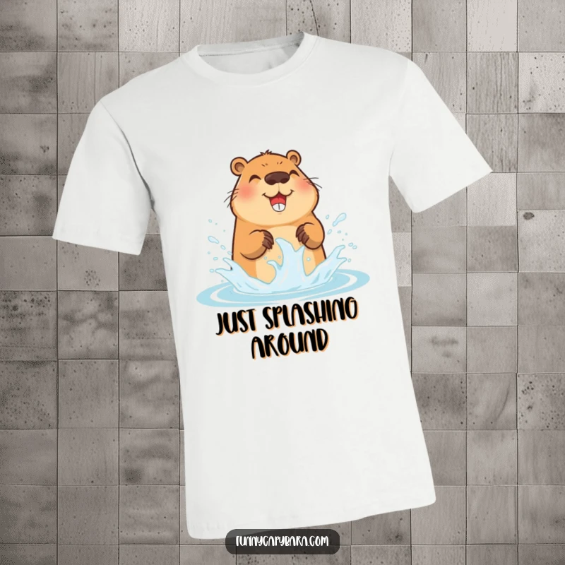 Funny Capybara Splashing T-Shirt: Adorable capybara gleefully splashing water with its paws, a joyful scene, great gift.