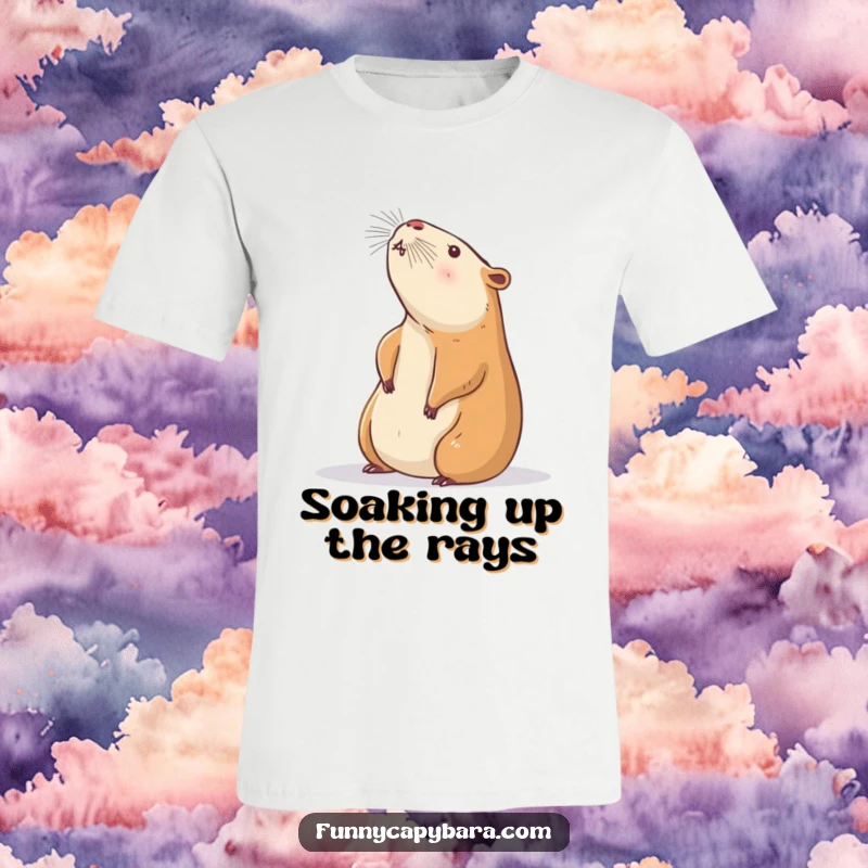 Funny Capybara Sunbeam T-Shirt: Adorable capybara gently stretching upwards towards a warm sunbeam, promoting calm.