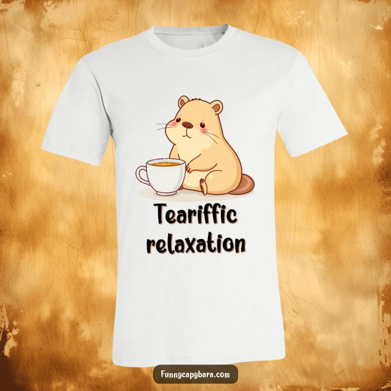 Funny t-shirt design of a capybara sitting peacefully next to a steaming cup of tea, looking content.