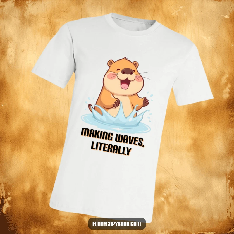Funny t-shirt design of a capybara gleefully splashing water with its paws in a playful manner.