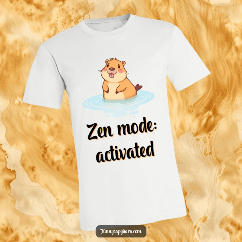 Funny t-shirt showing a cheerful capybara floating contentedly on its back in stylized water, a symbol of pure relaxation.