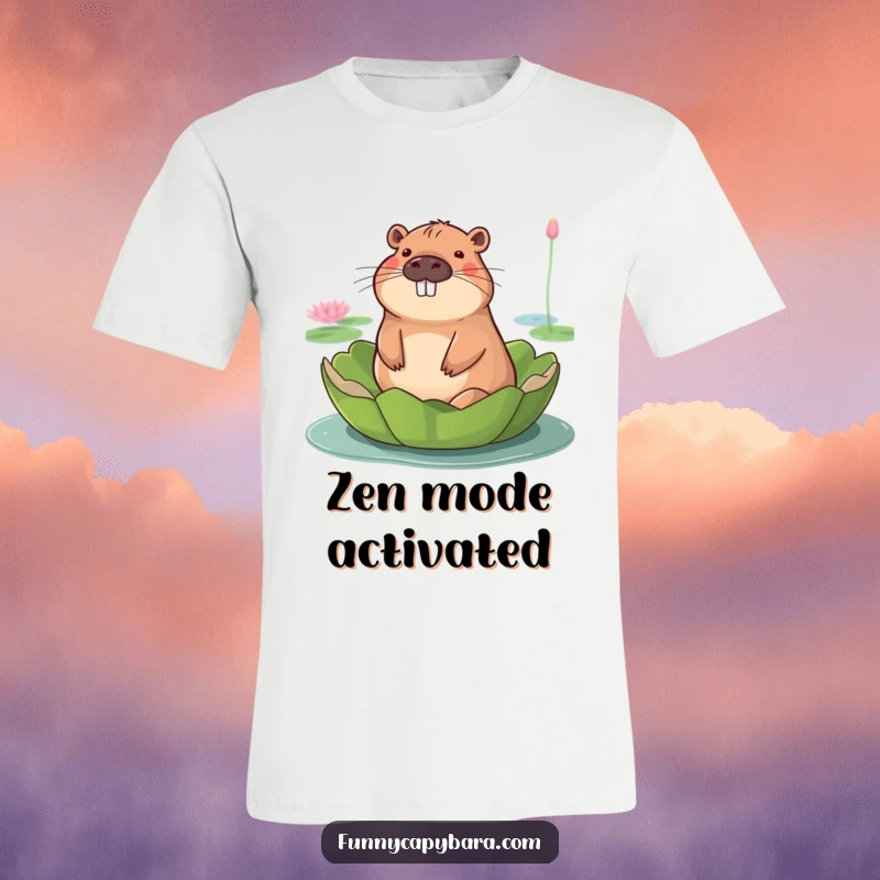 Funny t-shirt featuring a capybara with a peaceful, smiling face, floating on a large lily pad.
