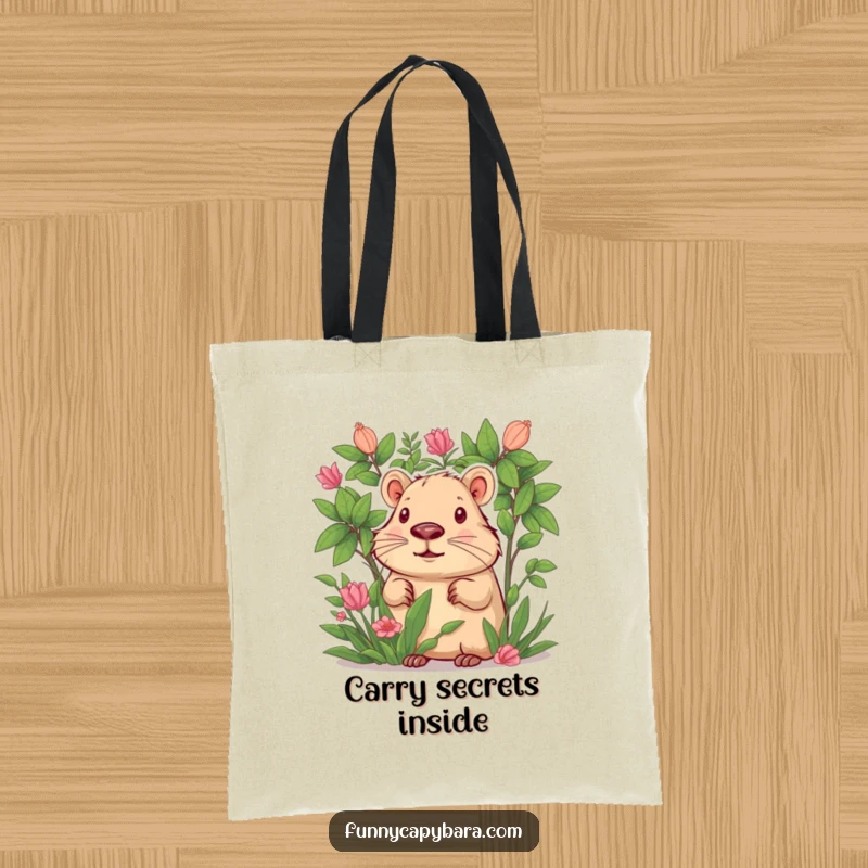 Funny tote bag featuring a capybara curiously peeking from behind lush green foliage, hinting at fun.