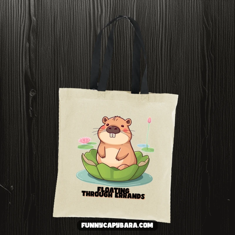 Funny tote bag with a capybara peacefully smiling while floating on a large lily pad.
